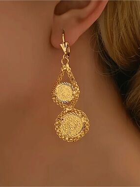 NWT Real Gold Plated Double Disc Drop Earrings Classic Vintage Coin Design